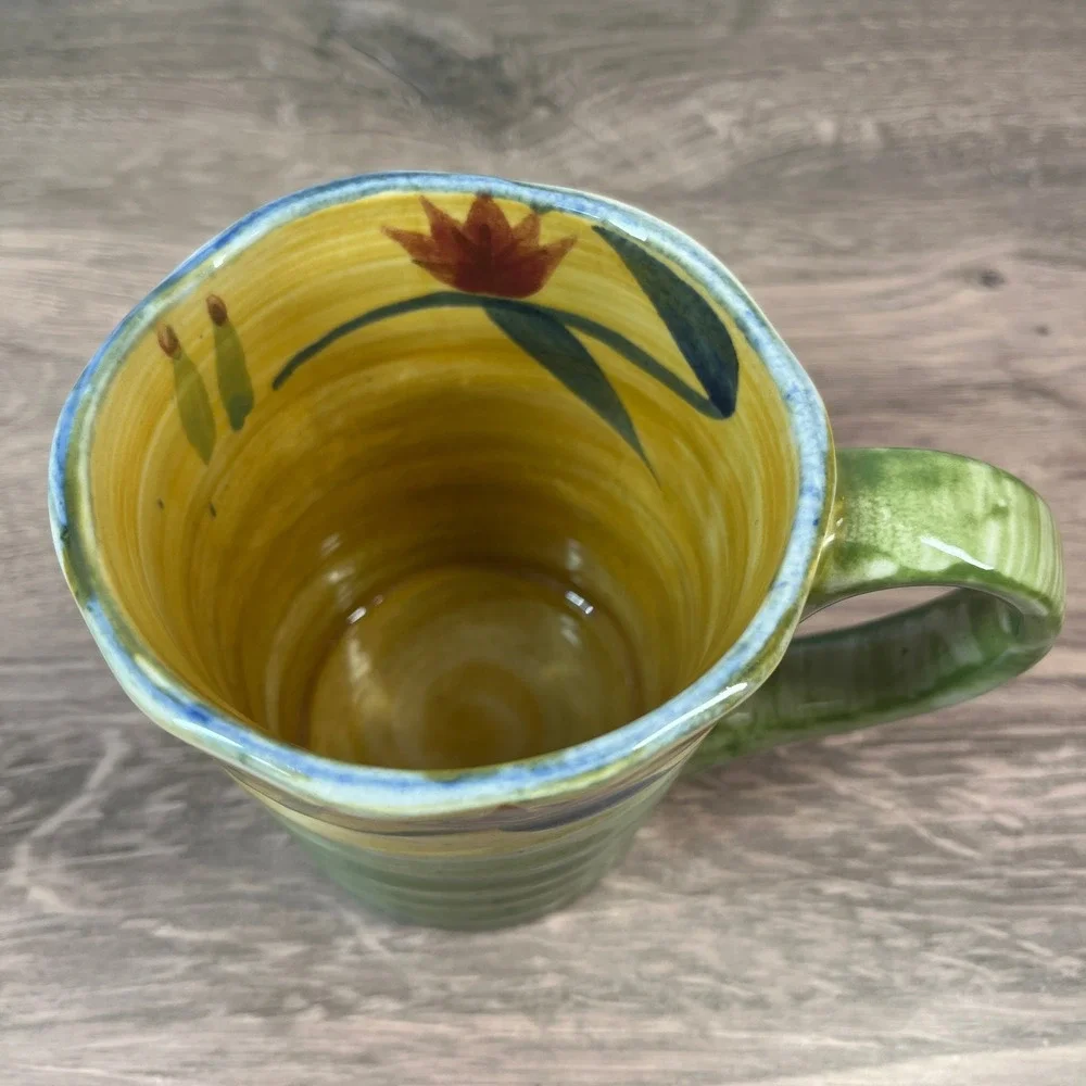 Pier 1 Elizabeth 16oz Coffee Tea‎ Mug Green Yellow Handpainted Floral Stoneware